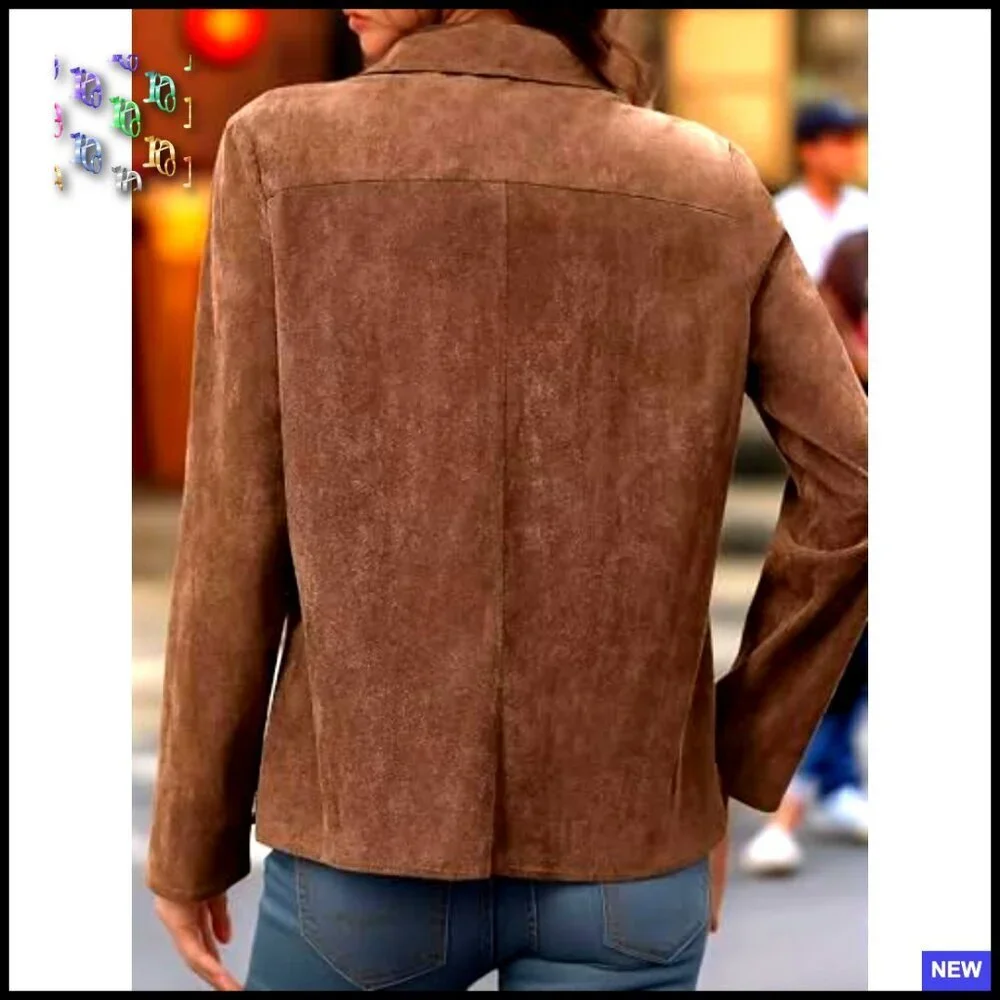 Faux Suede Blazer Cropped Jacket Lapel Collar Long Sleeve Vintage Elegant